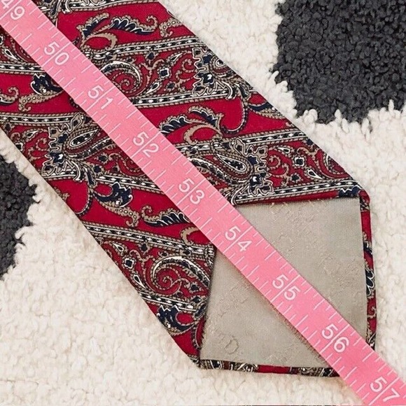 Vintage Christian Dior Silk Red Blue Taupe Paisley Stripe Print Designer Tie - Picture 7 of 8
